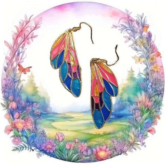 Gold Blue Pink Black Butterfly Wings Dangle earrings - Picture 1 of 5